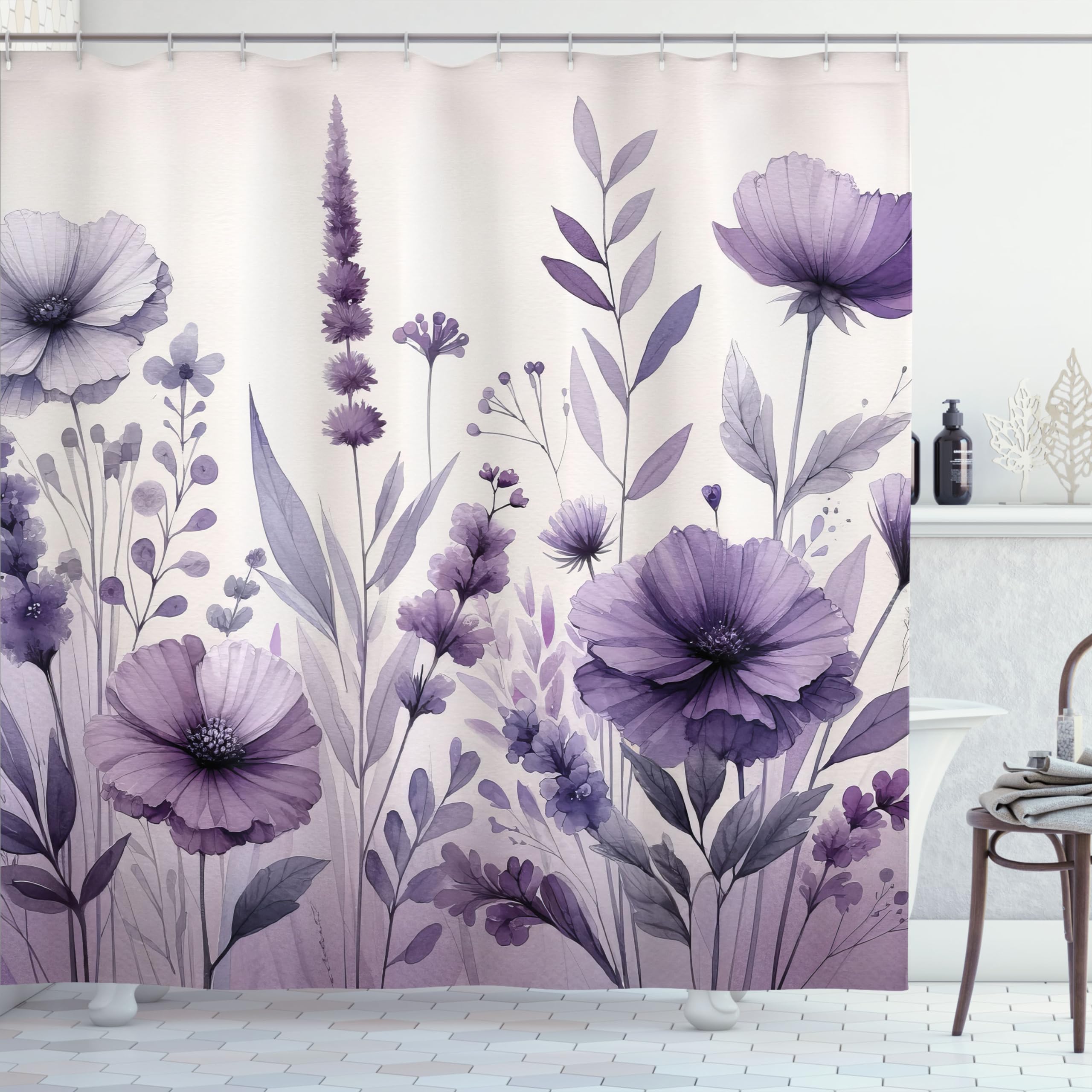 Ambesonne Purple Shower Curtain, Picturesque Pastel Tones Pansy Flowers Garden Cold Morning In A Meadow, Cloth Fabric Bathroom D